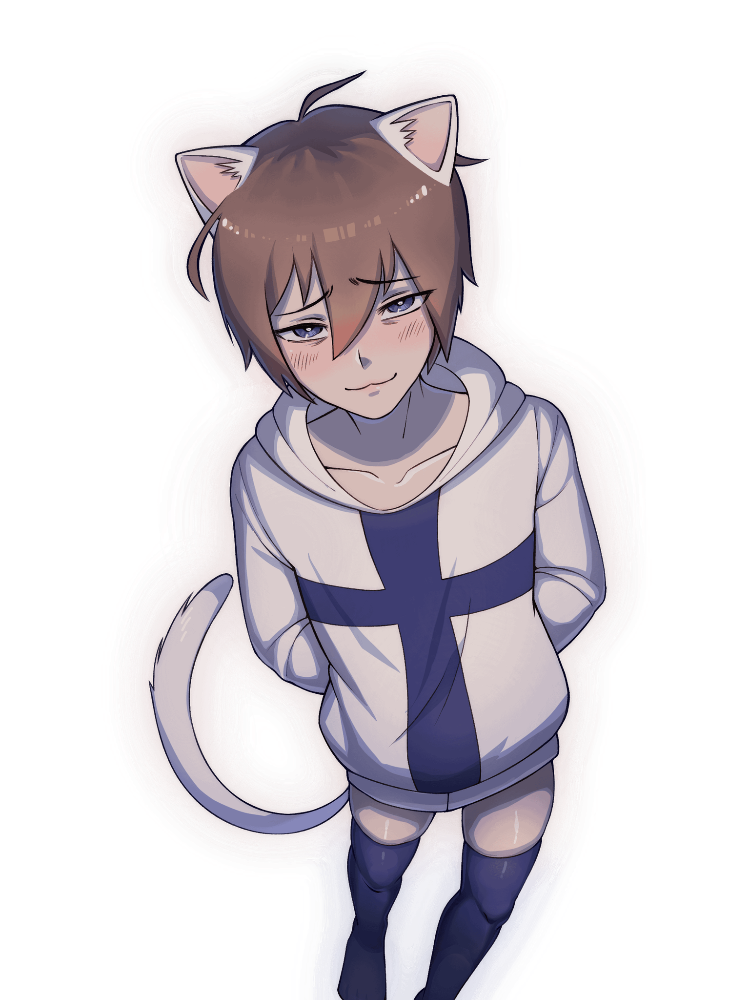 pale catboy twink in a hoodie and thigh highs.  The hoodie is essentially finnish flag - white background and blue cross